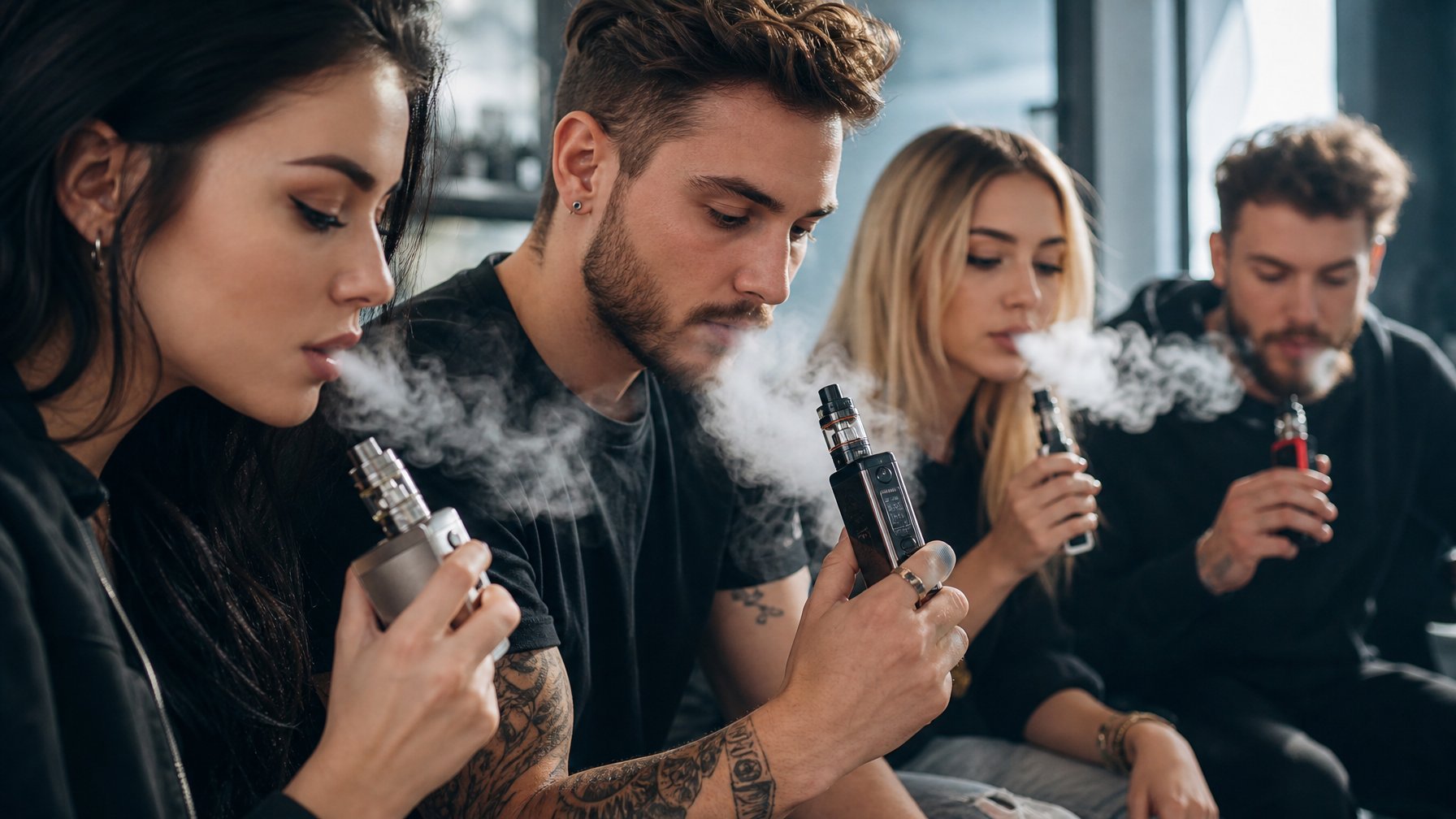 Beberapa orang muda menggunakan perangkat vape modern dalam suasana santai dan profesional.