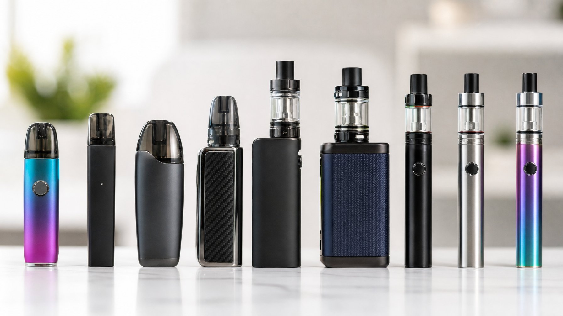 Berbagai jenis vape terbaru tersusun rapi di atas permukaan putih dengan latar belakang minimalis.