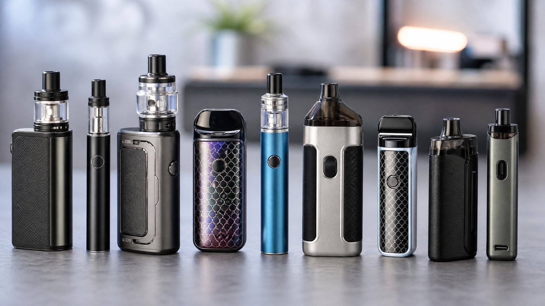 Beberapa jenis vape terbaru dengan berbagai model dan warna yang tersusun rapi di atas meja.