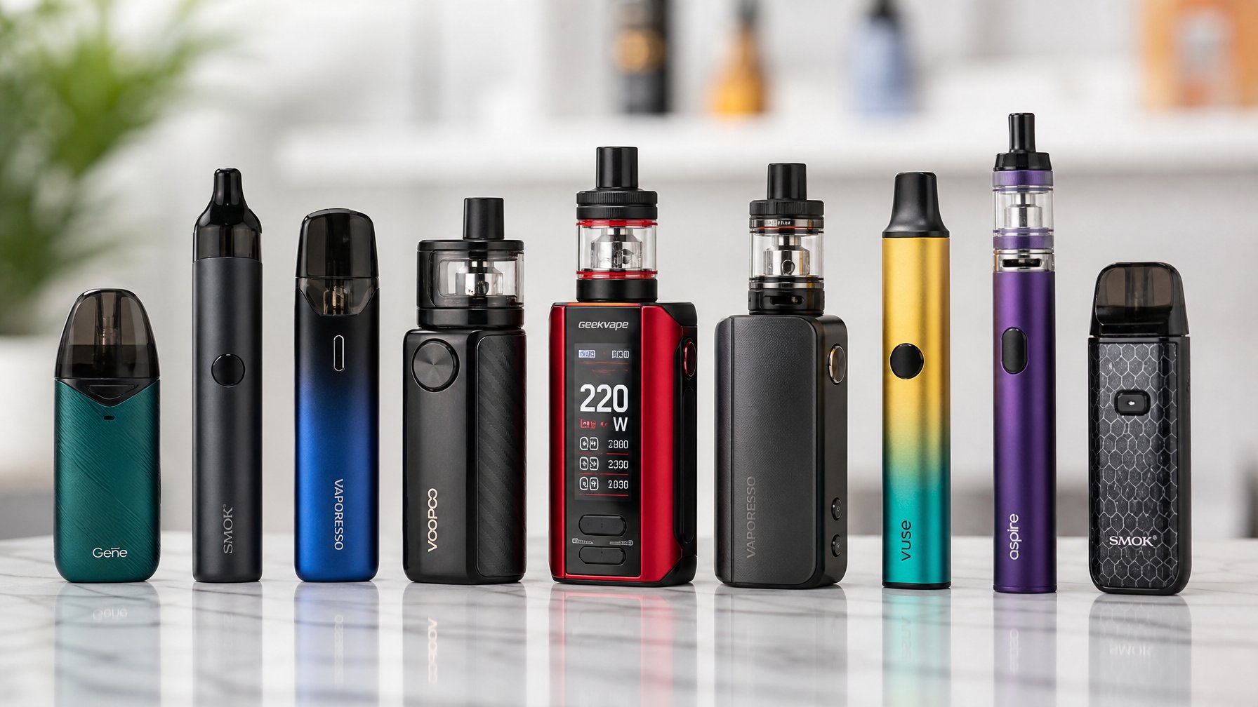 Berbagai tipe vape modern terbaru dengan desain berbeda tersusun rapi di atas permukaan bersih.