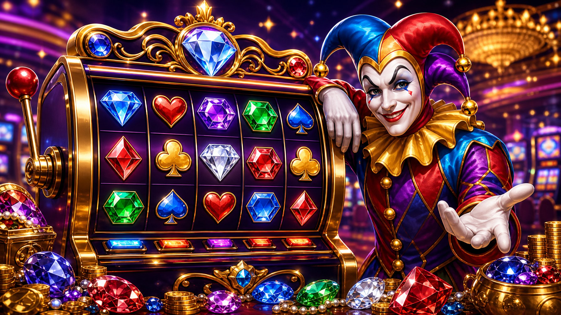 A Colorful Slot Machine With Sparkling Jewels And A Smiling Joker Character Standing Beside It In A Lively Casino Setting.
