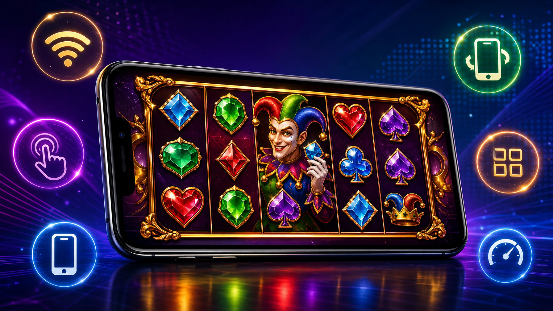 A Mobile Device Displaying A Colorful Slot Game With Jewels And A Joker Character, Surrounded By Icons Representing Mobile Compatibility.
