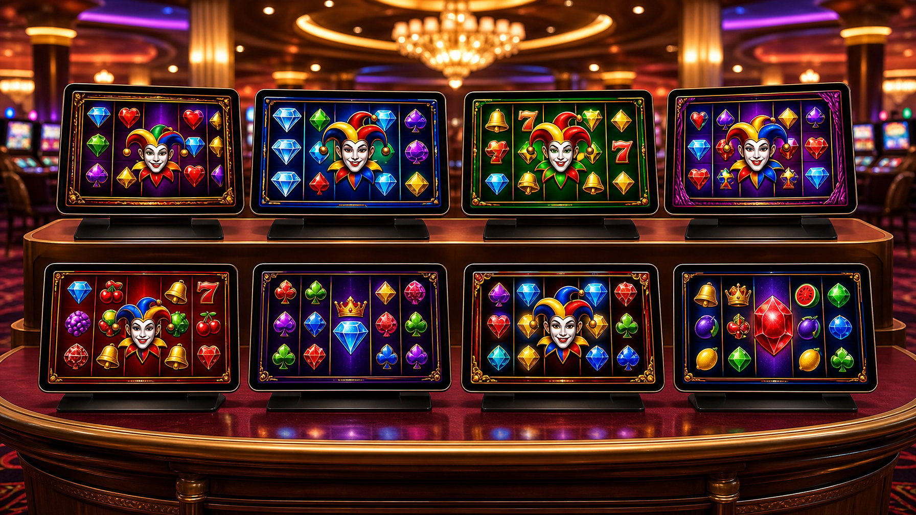 A Casino Table Displaying Several JewelThemed Slot Machines With Colorful Reels And Joker Symbols Under Warm Lighting.
