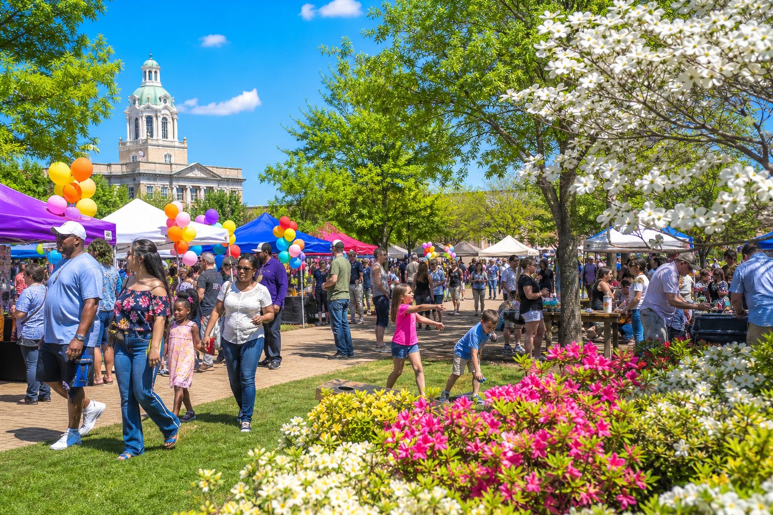 People enjoying a sunny outdoor spring festival with flowers, vendor booths, and families having fun in Monroe, Louisiana.