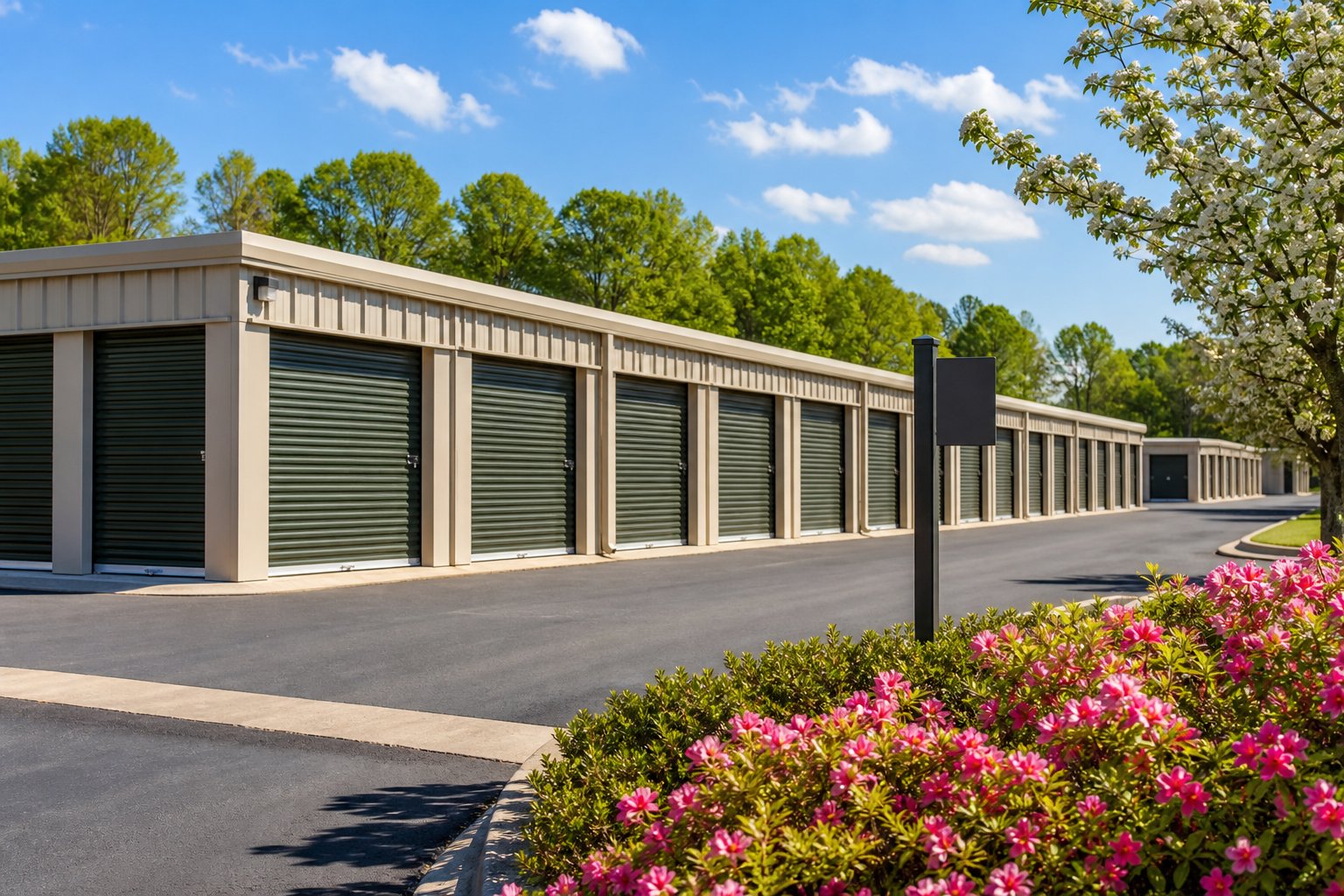 A clean storage facility with multiple storage units surrounded by green trees and blooming flowers under a clear blue sky.