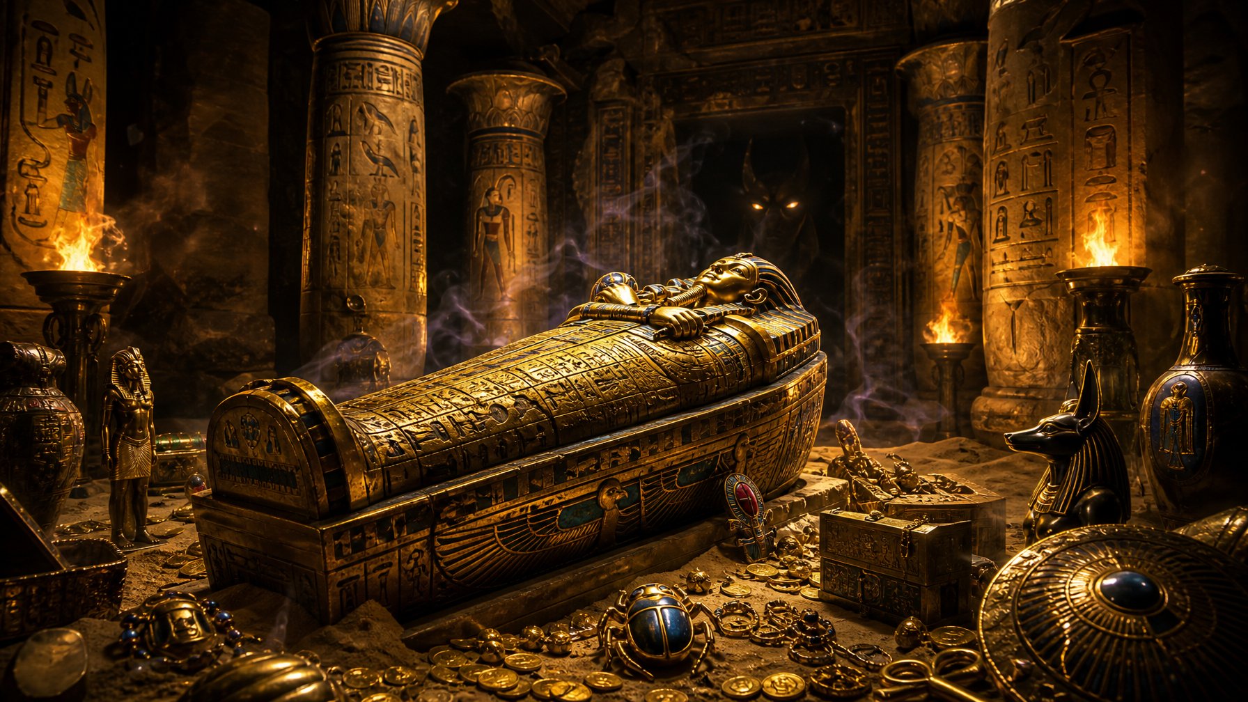 An Ancient Egyptian Tomb With A Decorated Sarcophagus Surrounded By Artifacts And Stone Pillars Under Warm Torchlight.