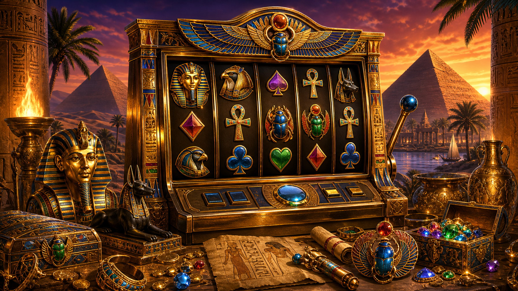An Ancient EgyptianThemed Slot Machine Surrounded By Golden Artifacts And Jewels With Pyramids And A Desert Landscape In The Background At Sunset.