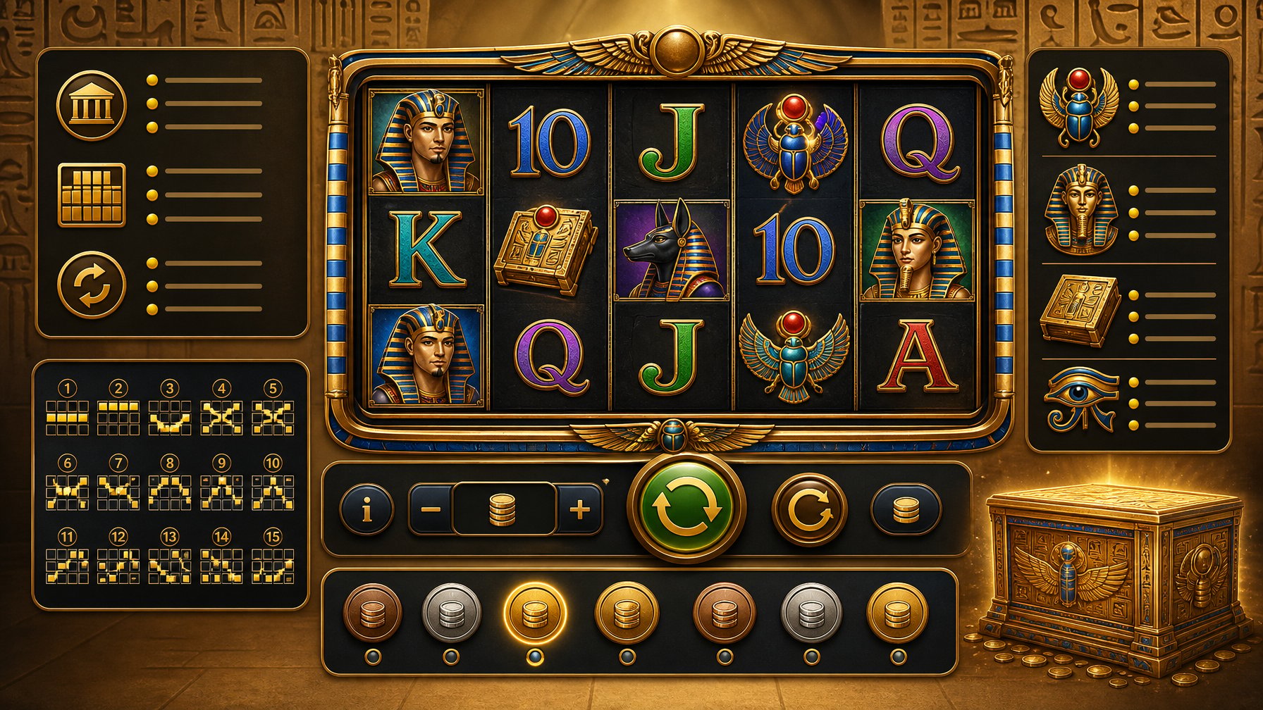 A Digital Slot Machine Screen Showing Ancient Egyptian Symbols With Betting Options And Coin Denominations Arranged Around It.