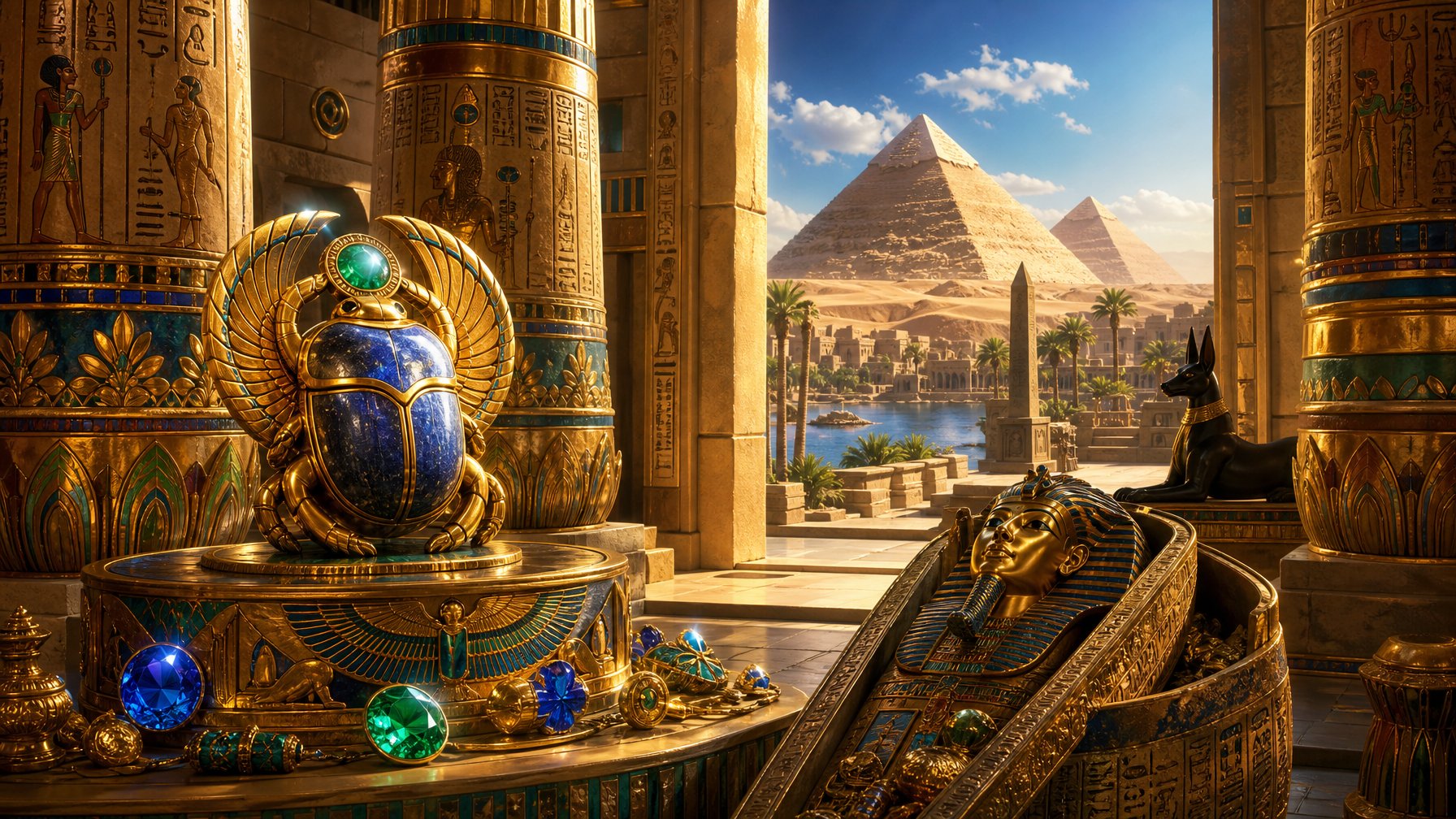 An Ancient Egyptian Temple Entrance With Stone Pillars, A Golden Scarab Statue, A Partially Opened Pharaoh's Sarcophagus, And Pyramids In The Desert Background.