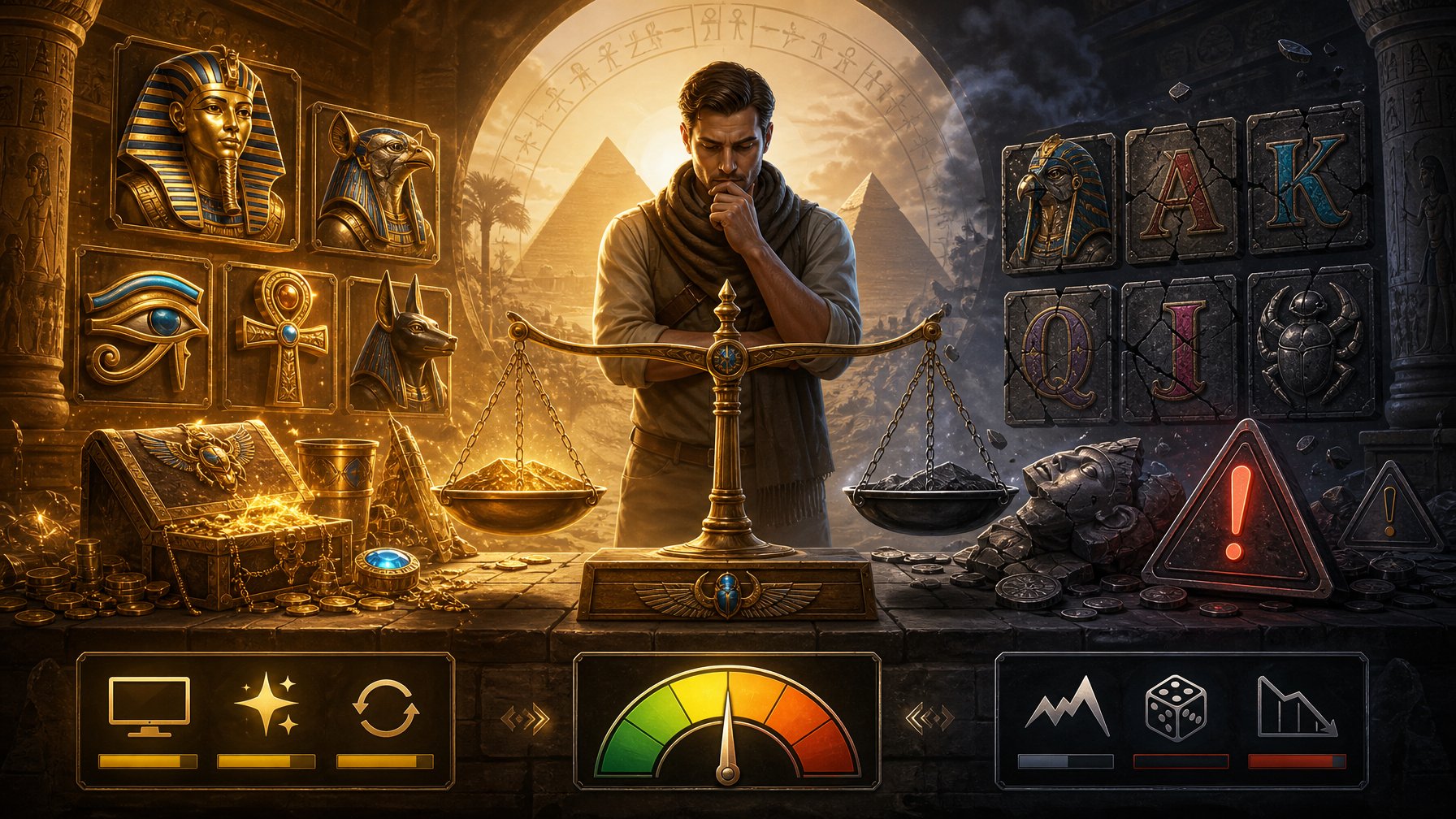 An Illustration Showing A Balanced Evaluation Of An EgyptianThemed Slot Game With Symbols Of Strengths On One Side, Weaknesses On The Other, And A Central Figure Weighing Both Sides.
