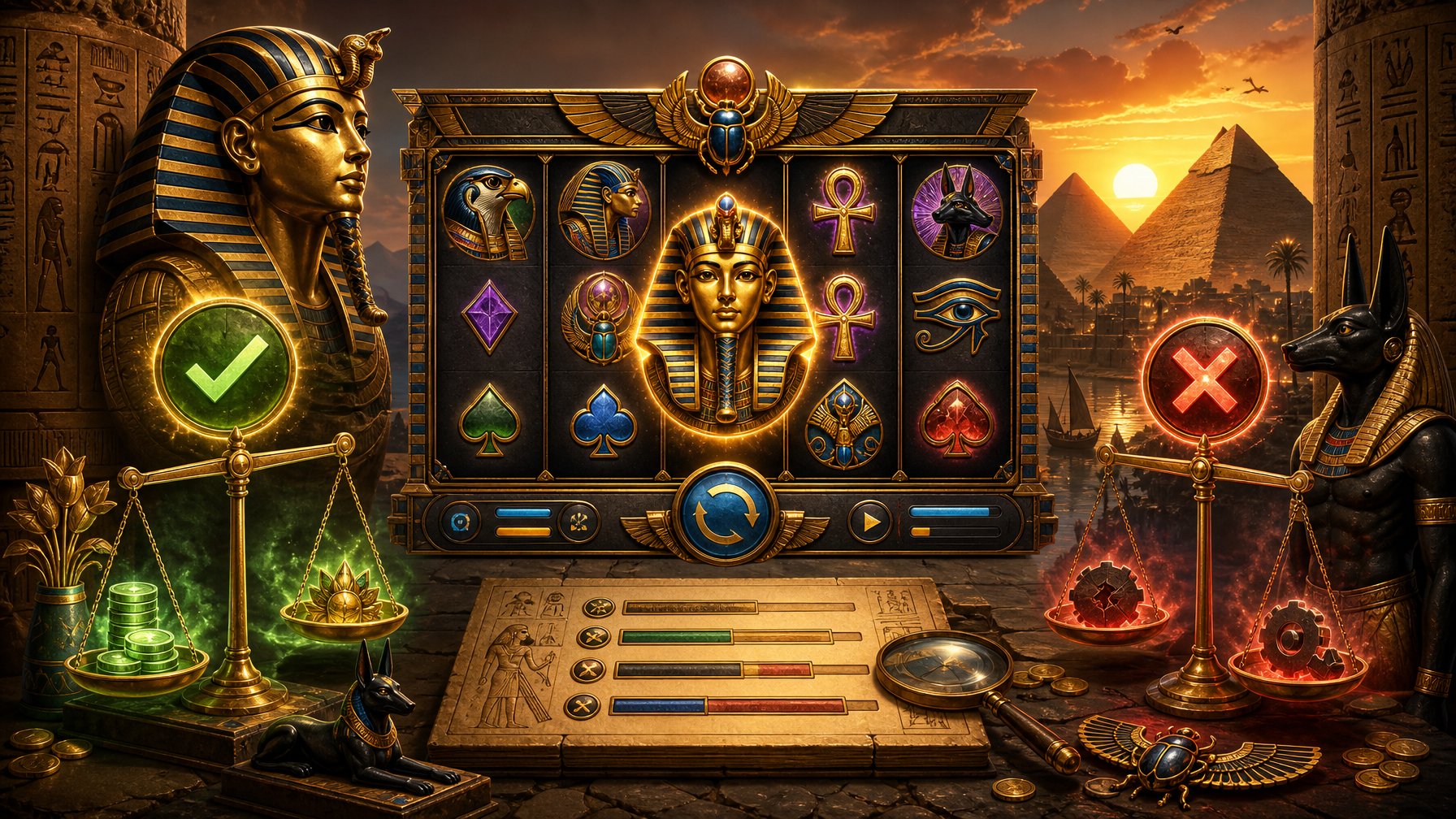 An Illustration Showing Ancient Egyptian Symbols And Pyramids Surrounding A Modern Slot Machine In A Desert At Sunset.