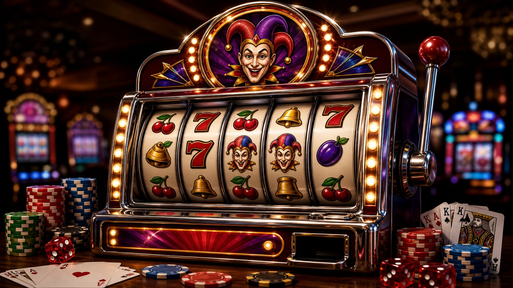 A Colorful Slot Machine With Traditional Symbols Like Cherries, Bells, Sevens, And Joker Faces, Surrounded By Poker Chips, Dice, And Playing Cards On A Wooden Surface.