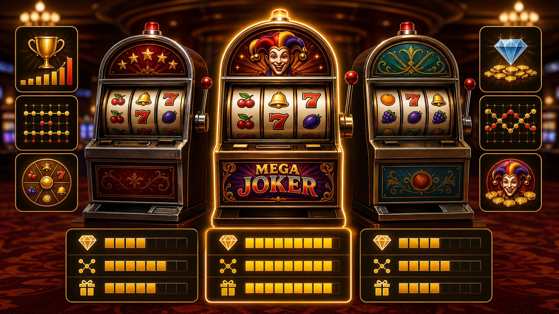 Three Classic Slot Machines Side By Side On A Casino Floor, With The Middle One Highlighted And Showing Traditional Slot Symbols.