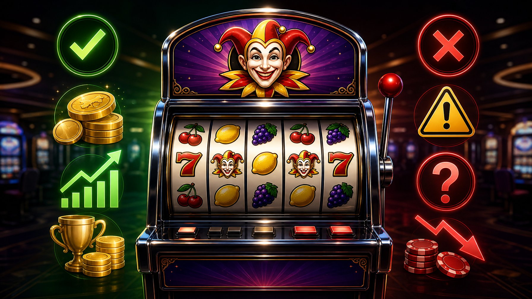 A Detailed Illustration Of A Colorful Casino Slot Machine With Fruit And Joker Symbols, Surrounded By Icons Representing Positive And Negative Aspects, Set In A Modern Casino Environment.