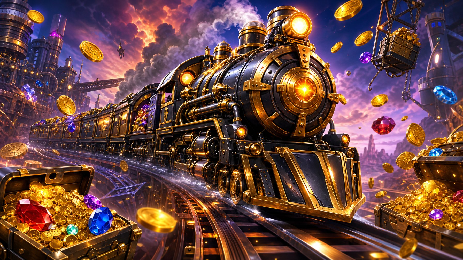A Futuristic Steampunk Train Decorated With Gold Coins And Jewels Speeding Along Tracks Surrounded By Floating Treasure And Glowing Lights.