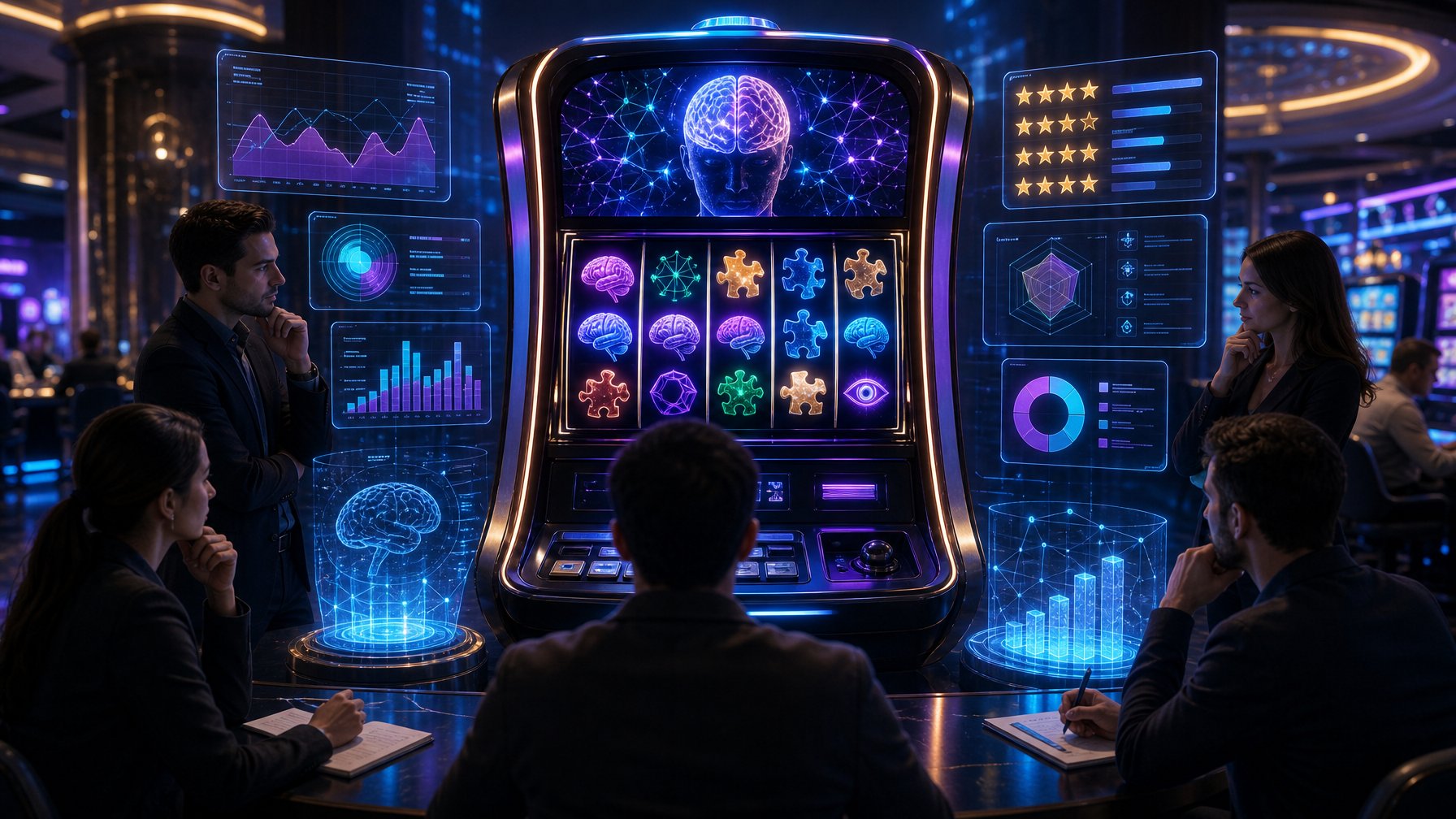 A Futuristic Casino Scene With A HighTech Slot Machine Displaying Brain And Puzzle Symbols, Surrounded By Floating Digital Charts And Players Observing.