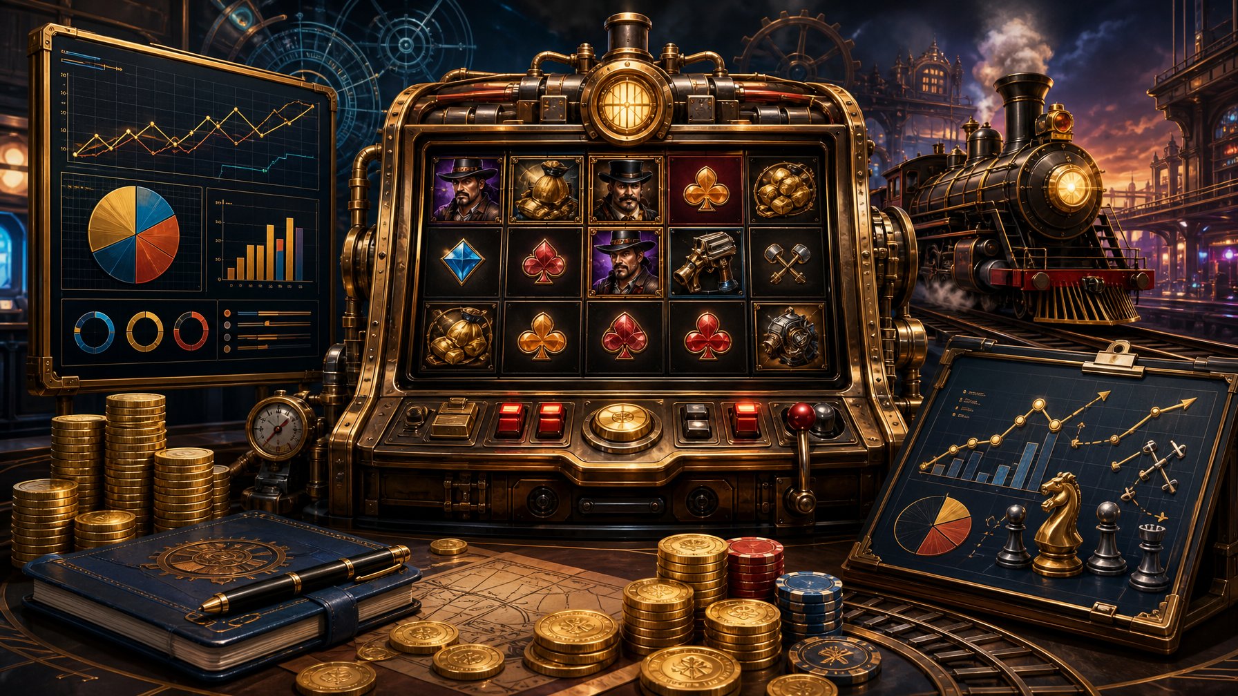 A Casino Scene Showing A Money Train 3 Themed Slot Machine Surrounded By Charts, Coins, And Gears Symbolizing Strategy And Value.