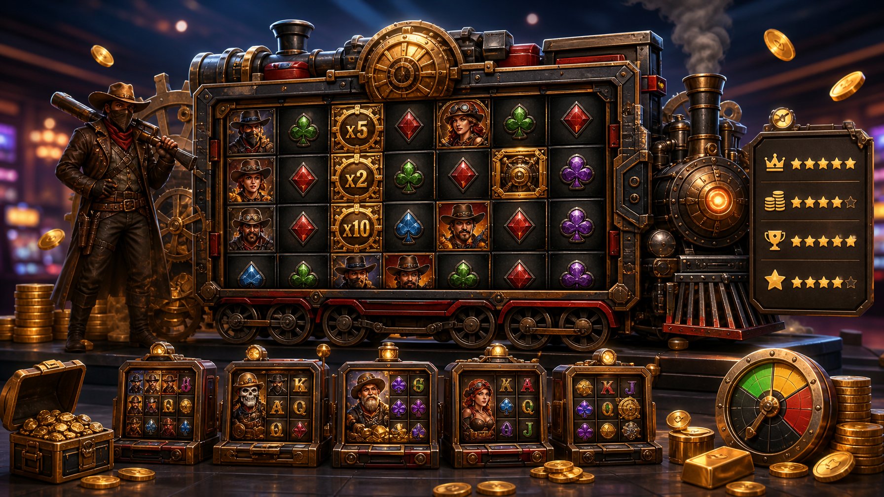 A Detailed Casino Scene Featuring A SteampunkThemed Slot Machine Surrounded By Related Slot Game Elements Like Coins And Treasure Chests.