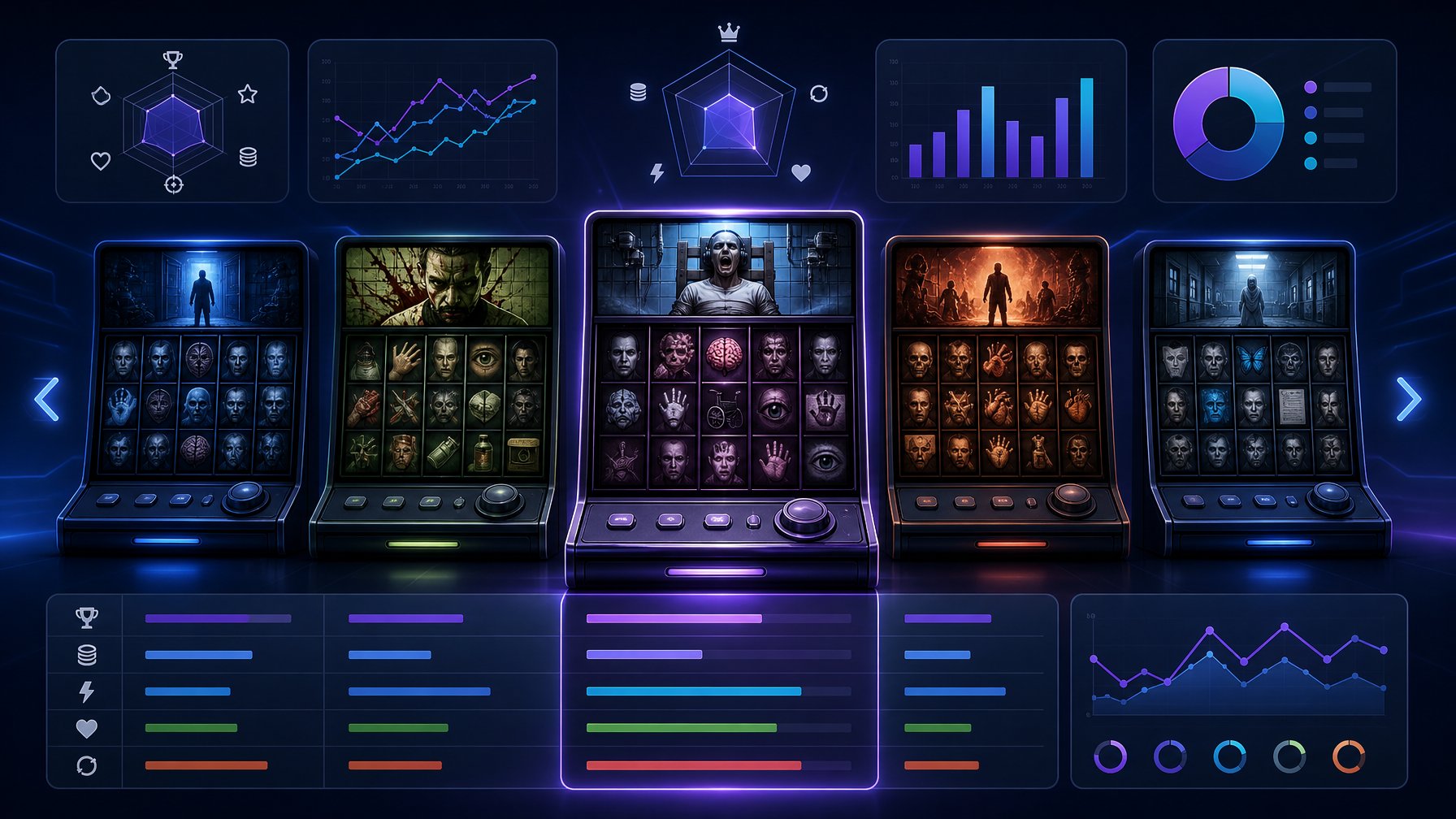 A Digital Scene Showing Several Slot Machines Side By Side With One Highlighted, Surrounded By Abstract Charts And Data Elements Representing A Comparison Of Slot Games.
