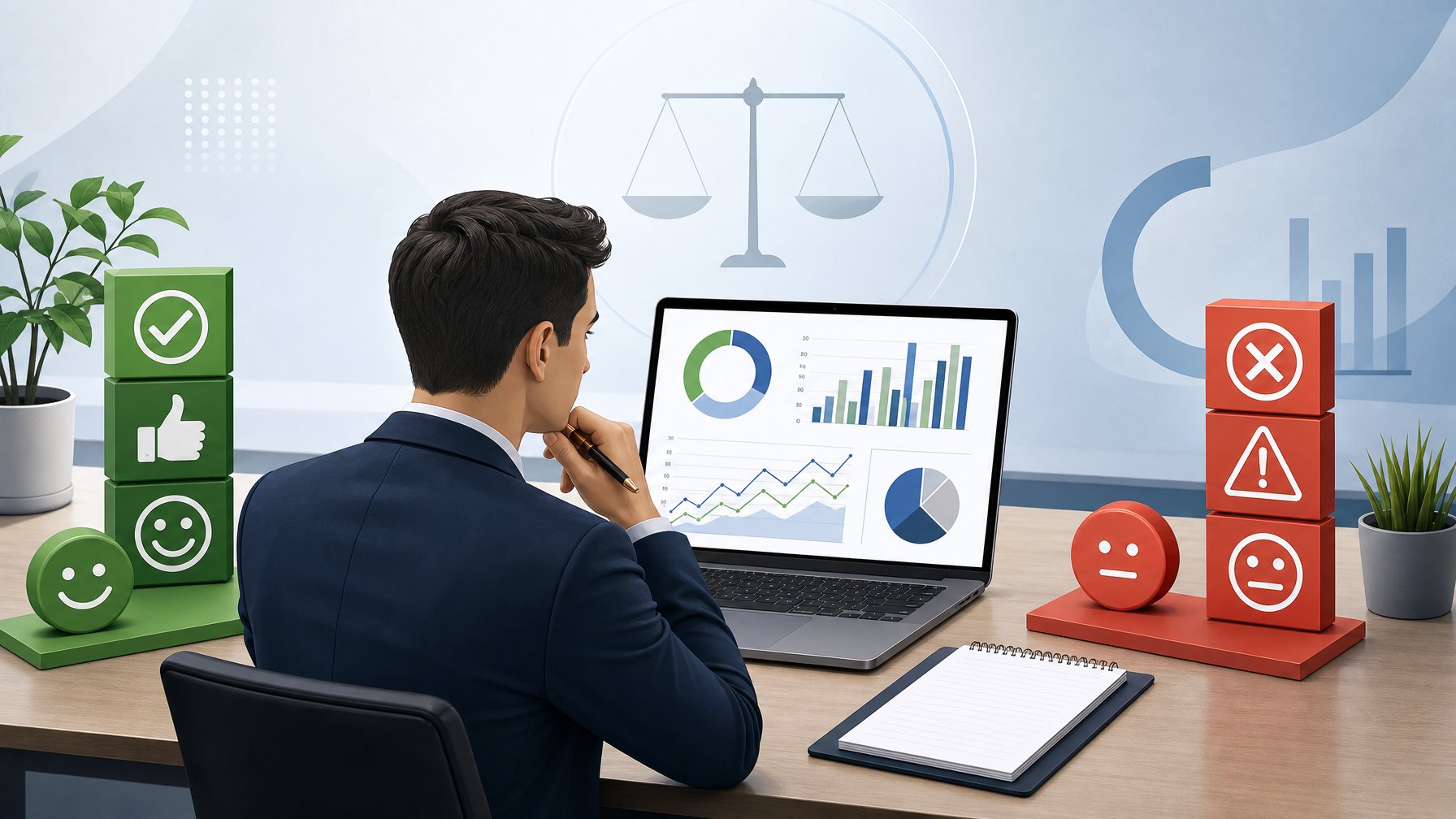 A Person Sitting At A Desk Reviewing Charts And Symbols Representing Pros And Cons, With Positive And Negative Indicators On Either Side.