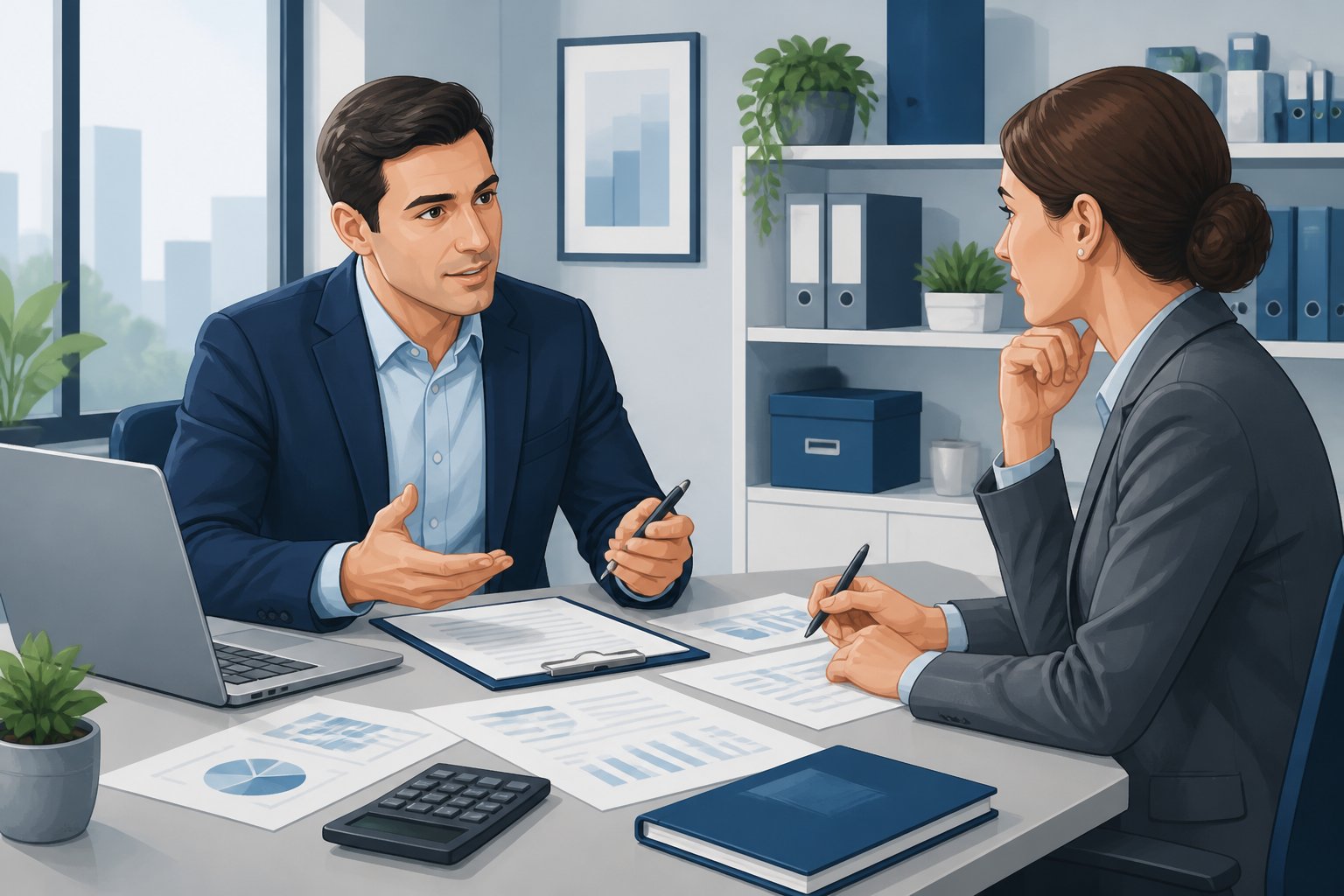 Two businesspeople sitting at a desk in an office, engaged in a financial discussion with documents and a laptop on the table.