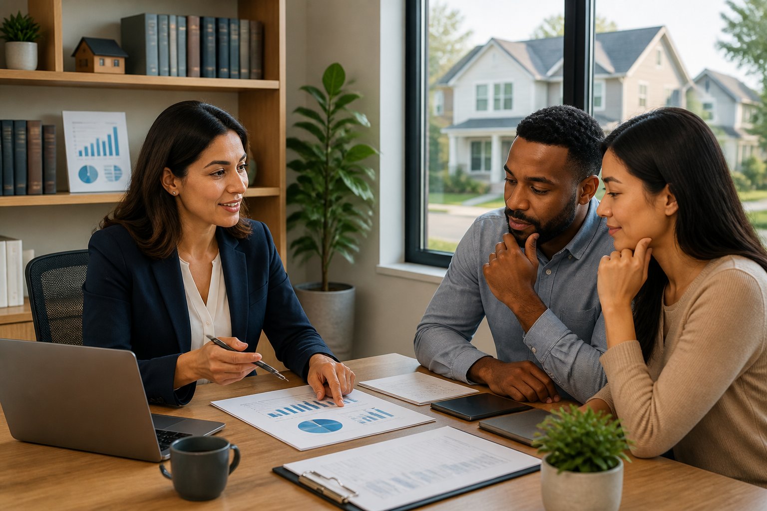 A lender discussing mortgage options with a couple in an office, with a neighborhood visible through the window.