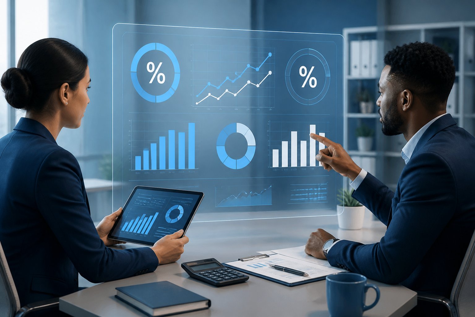 Two professionals discussing financial charts and graphs about interest rates and apr in a modern office setting.