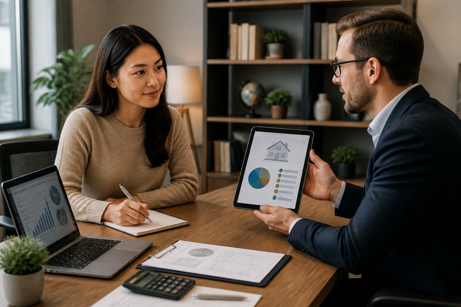 A homebuyer and lender discussing down payment options at a desk in a modern office.