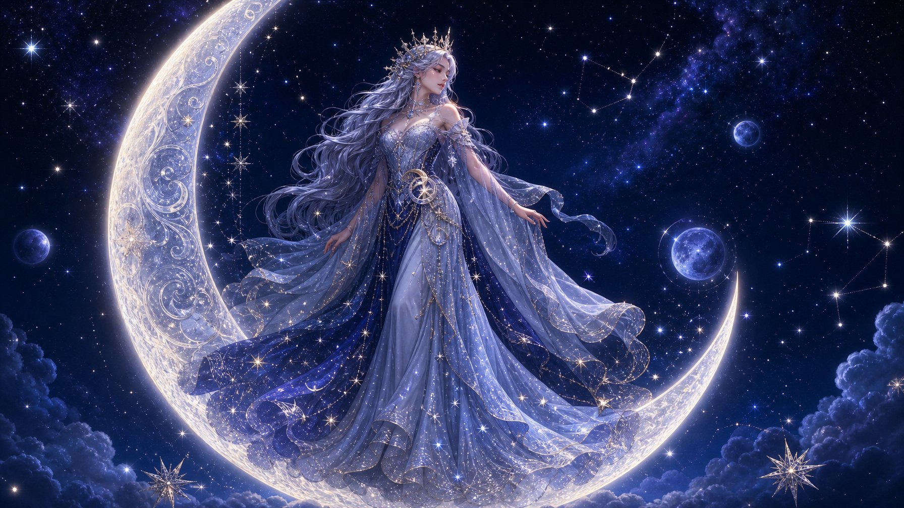 A Moon Princess Standing On A Glowing Crescent Moon Surrounded By Stars And Cosmic Lights In A Night Sky.