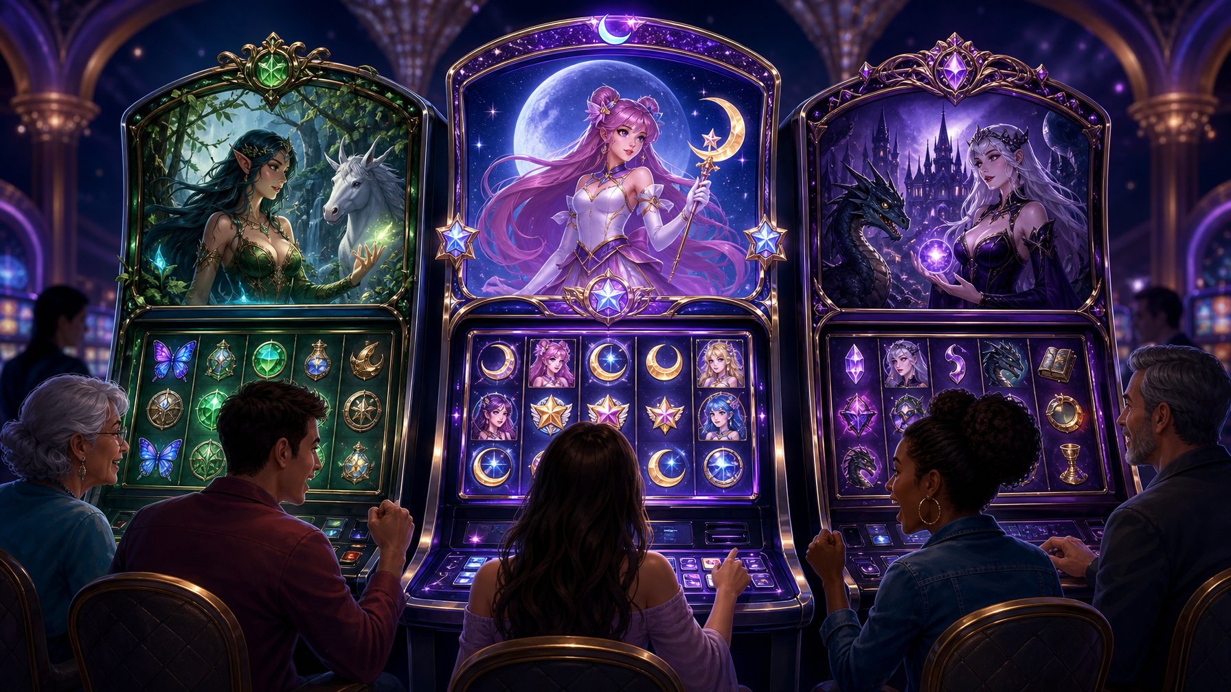 Three FantasyThemed Slot Machines With Magical Princess And Mystical Designs, Surrounded By Diverse Players Engaged In Gameplay In A Softly Lit Casino Setting.