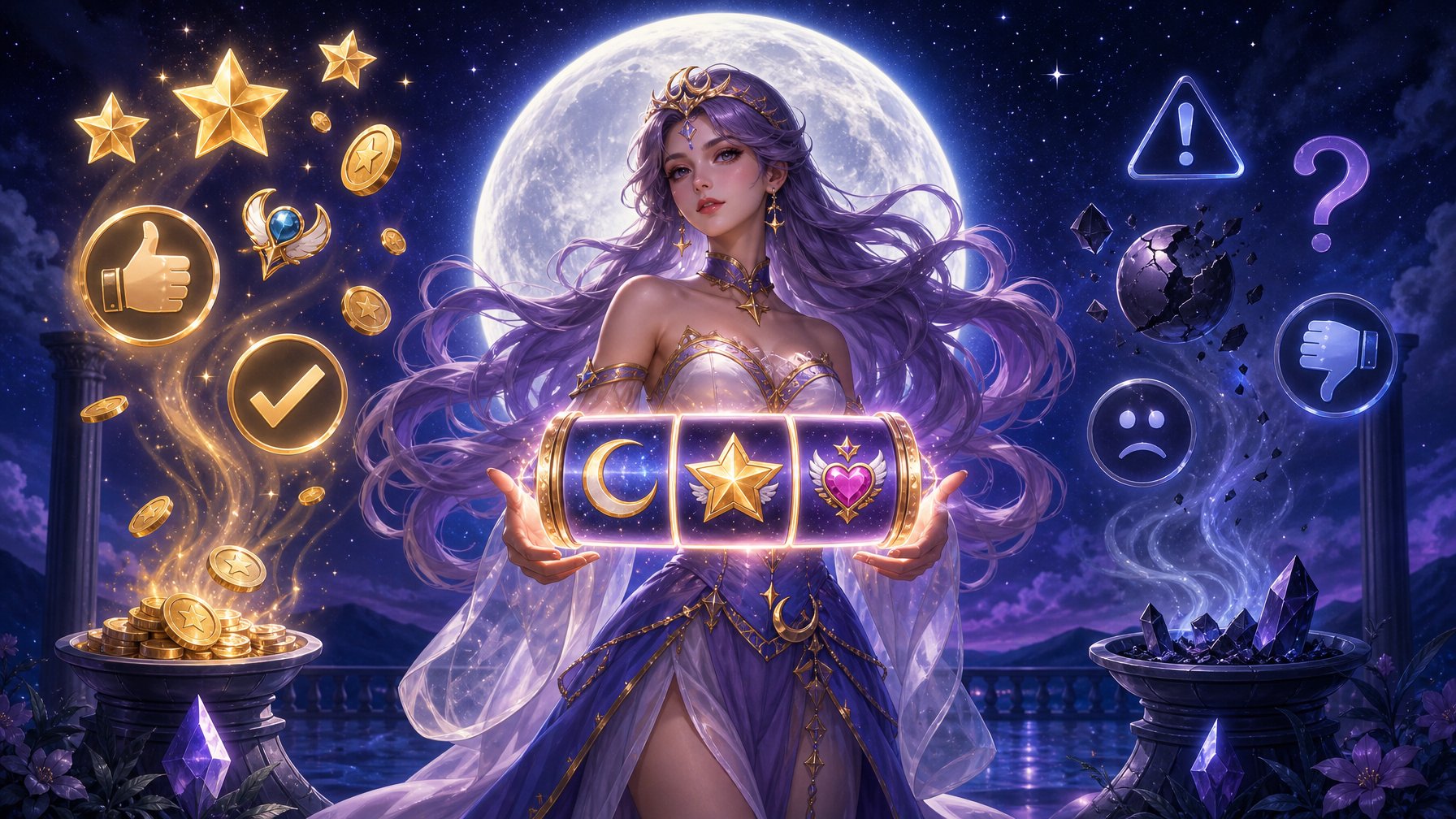 A Moonlit Scene With A Graceful Female Figure Dressed As A Moon Princess Holding Slot Machine Symbols, Surrounded By Glowing Icons Representing Pros And Cons.
