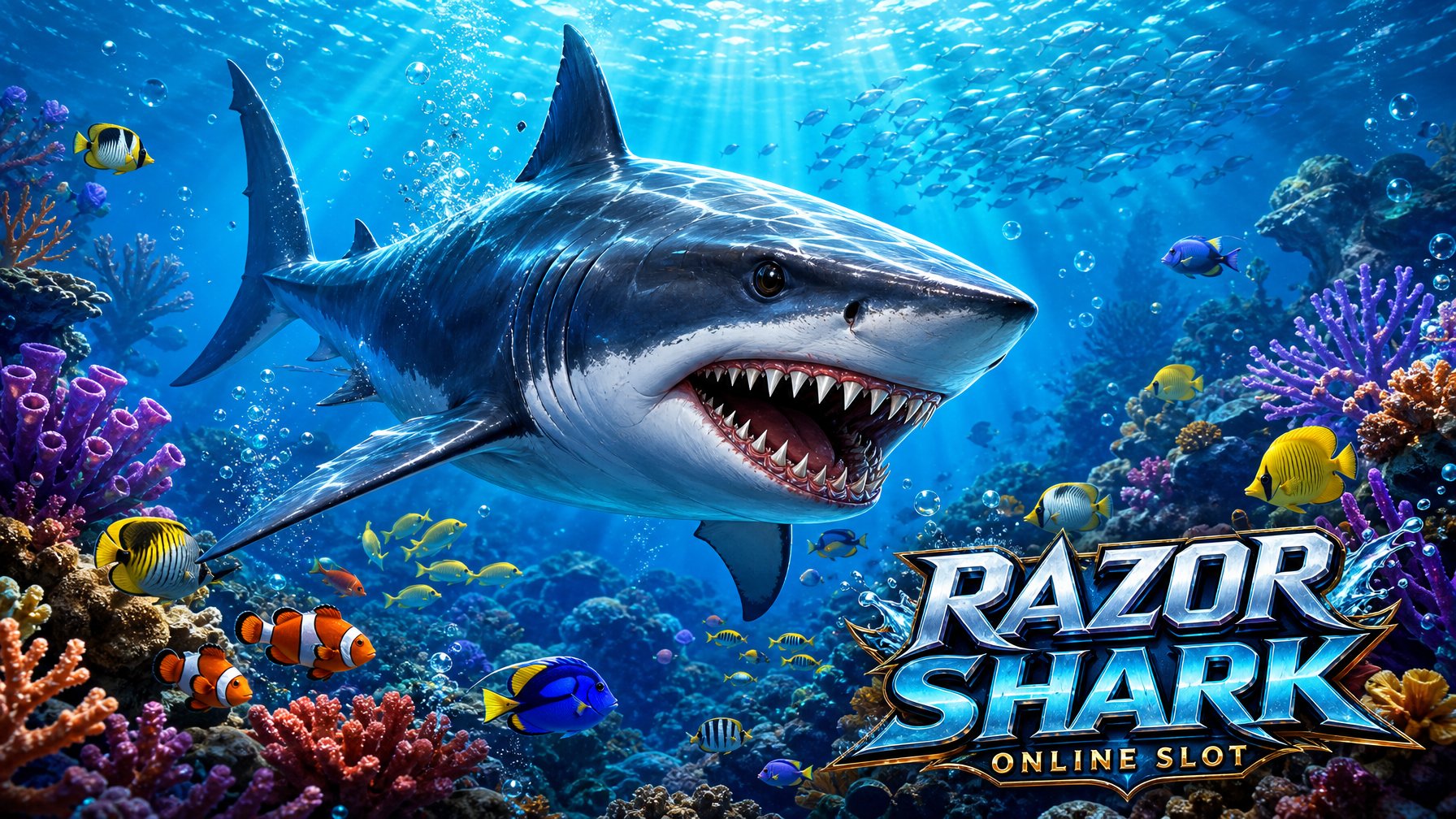 A Razor Shark Swimming Underwater Among Coral Reefs And Tropical Fish With Sunlight Filtering Through The Water.