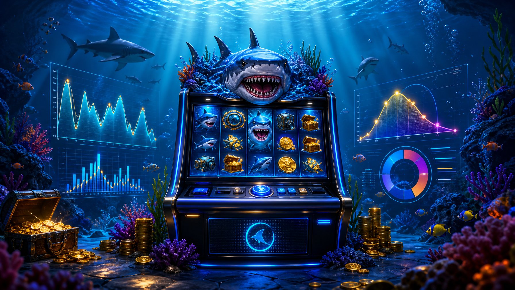 An Underwater Scene Showing A Razor SharkThemed Slot Machine Surrounded By Coral Reefs And Marine Life, With Glowing Graphs And Charts In The Background Representing Gameplay Data.
