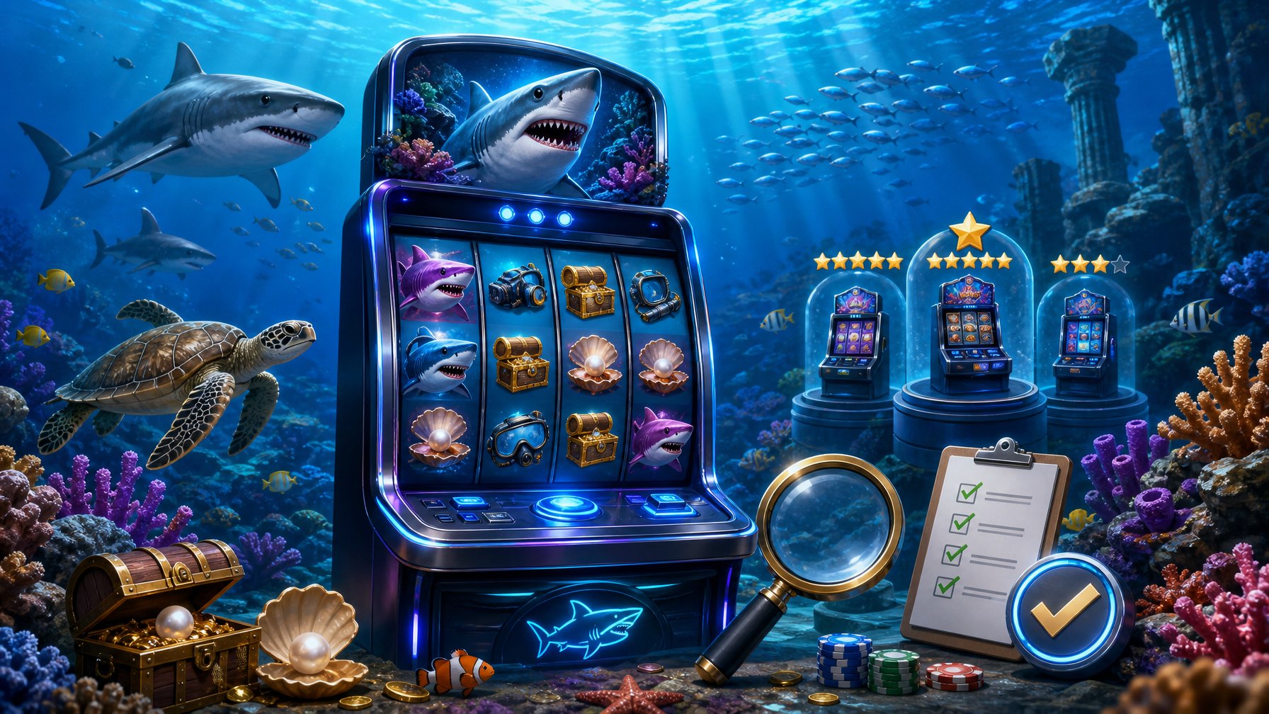 Underwater Scene With A Slot Machine Featuring Shark And Ocean Symbols Surrounded By Coral Reefs And Sea Creatures.
