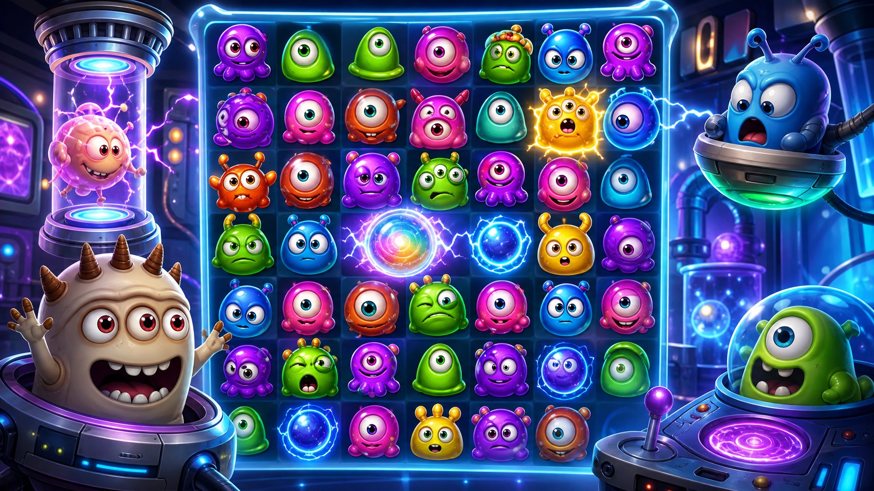 A Colorful Scene With Playful Alien Creatures In A Futuristic Laboratory Filled With Glowing Lights And Energy Effects.
