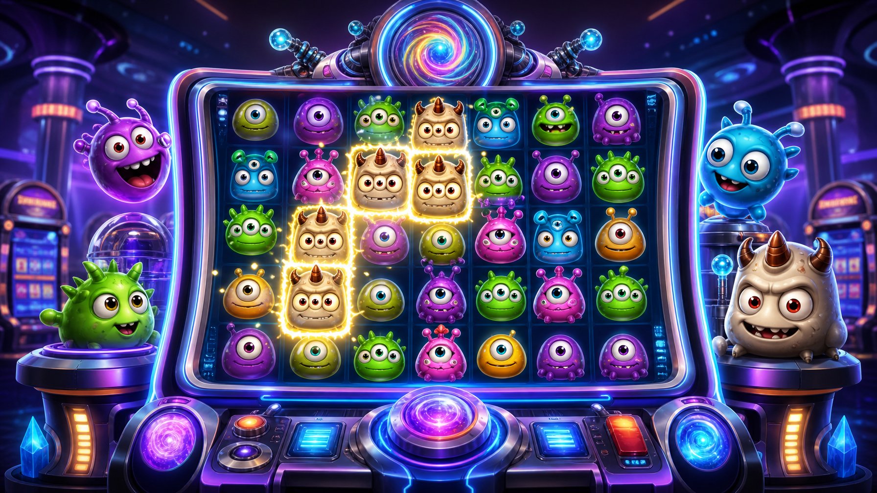 A Colorful Slot Machine With Animated Alien Creatures On The Reels In A Futuristic Casino Setting.