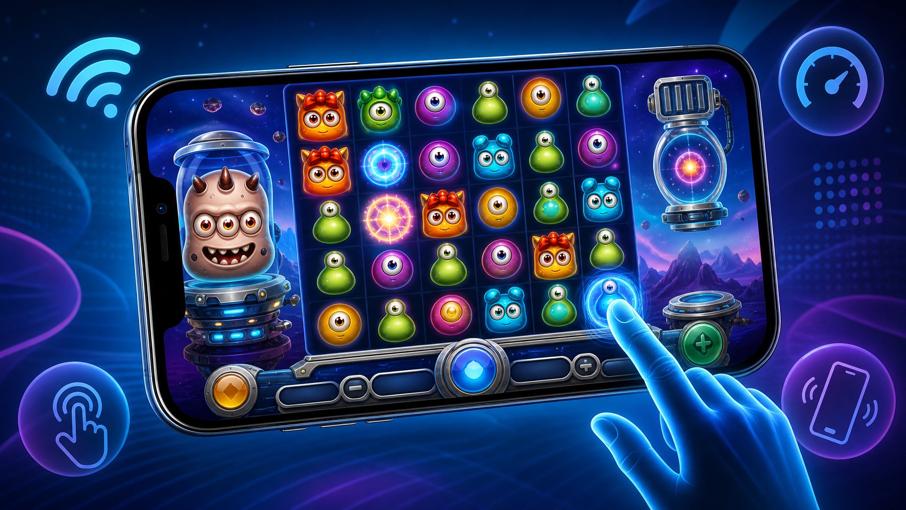 A Smartphone Showing A Colorful AlienThemed Slot Game With Animated Reels And Symbols, Surrounded By Icons Representing Mobile Compatibility.
