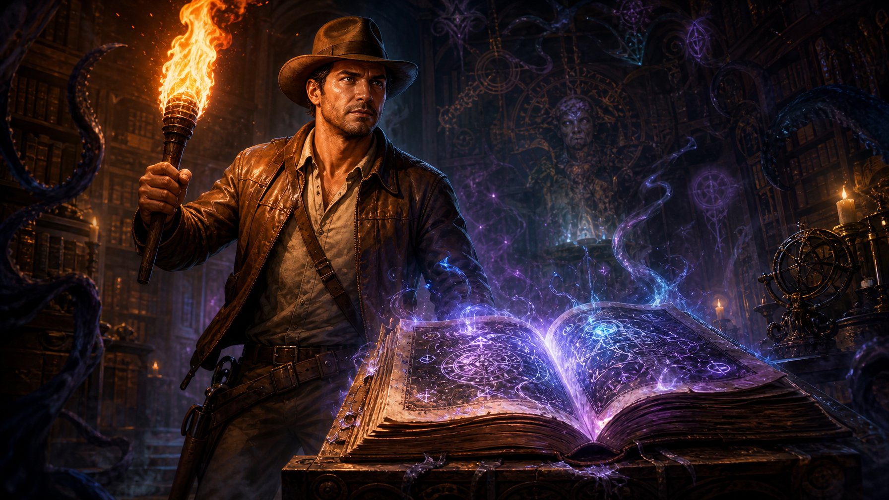 An Explorer Stands In A Dark Library Holding A Torch, Facing A Glowing Ancient Tome Surrounded By Mystical Symbols And Ghostly Tentacles.