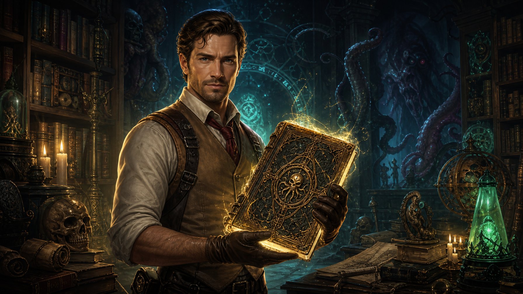 An Adventurer Holding A Glowing Ancient Book In A Dimly Lit Library Filled With Magical Tomes And Mysterious Symbols.