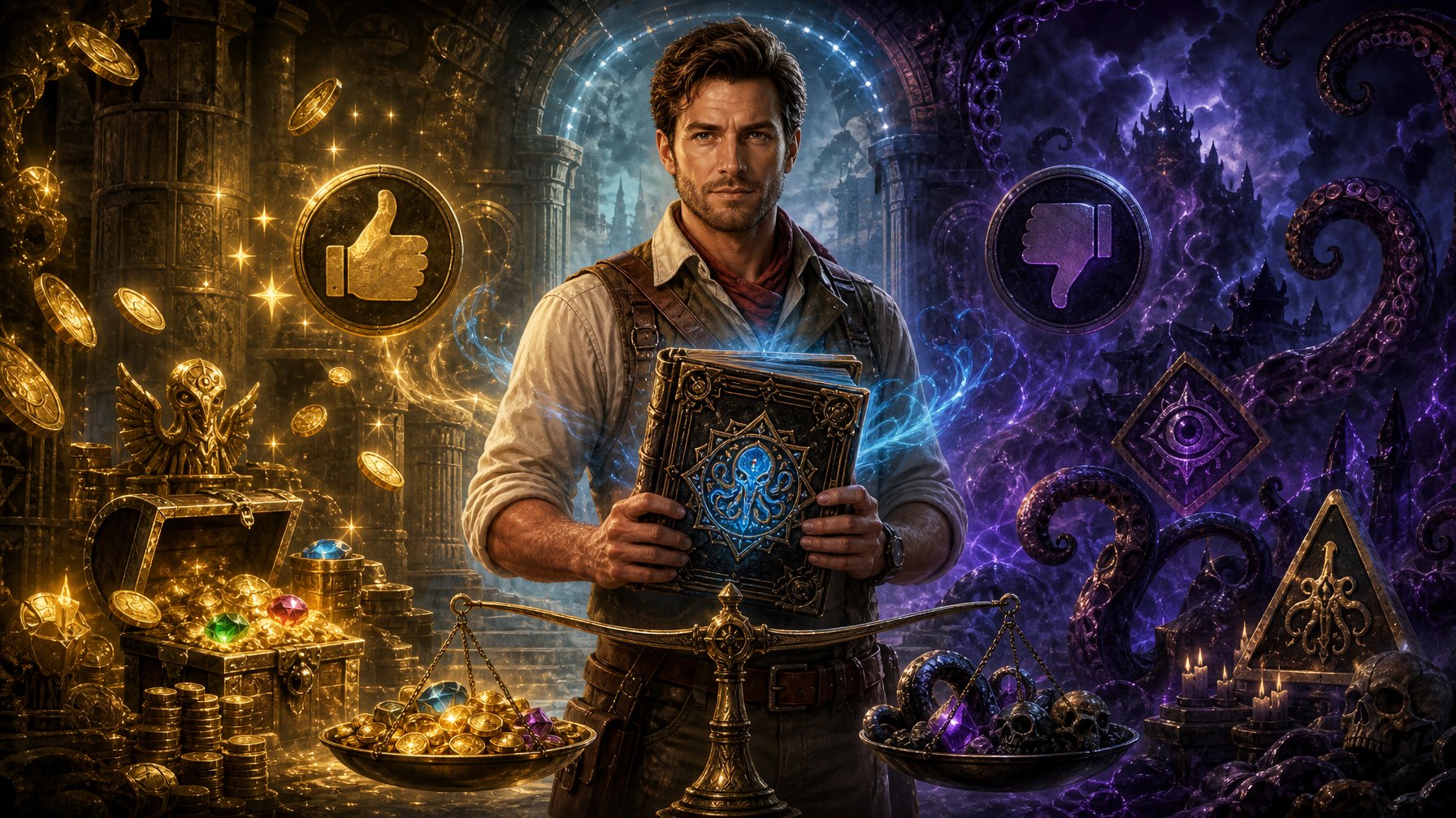 An Explorer Holding A Glowing Ancient Book Surrounded By Symbols Of Treasure And Mysterious Dark Tentacles, Set In An Ancient Temple With Magical Energy Swirling Around.