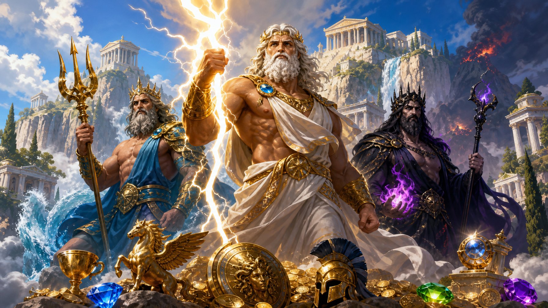A Scene Showing Greek Gods Zeus, Poseidon, And Hades On A Mountaintop With Ancient Temples And Symbols Like Coins And Jewels Around Them.