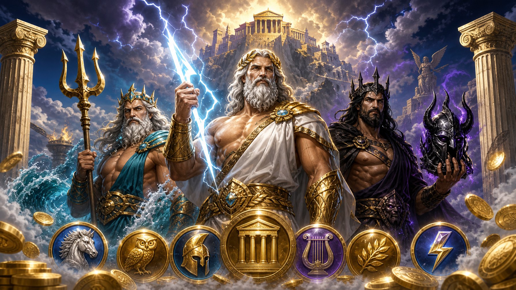 A Scene Showing Mount Olympus With Greek Gods Zeus, Poseidon, And Hades Standing In Front, Surrounded By Golden Coins And Ancient Greek Symbols.