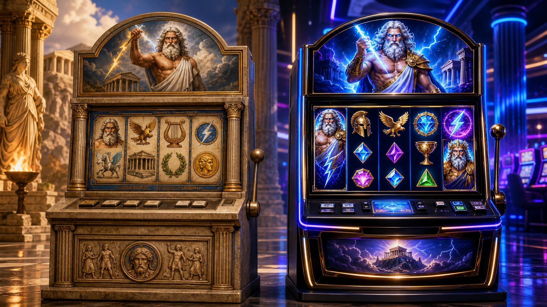 Two Slot Machines Side By Side, One With Classical Greek Mythology Design And The Other With Modern Vibrant Graphics, Both Themed Around Olympus.