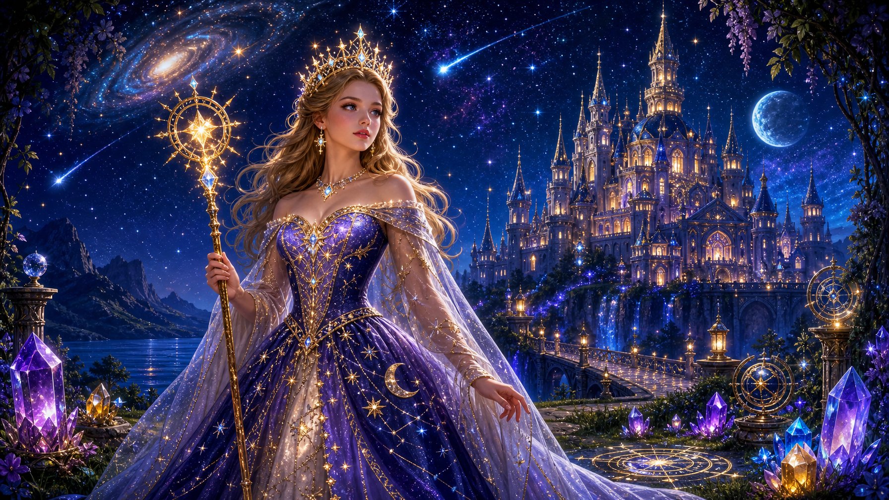 A Princess In A Glowing Gown Stands Under A StarFilled Night Sky With A Magical Staff, A Fantasy Castle Behind Her, And Sparkling Gemstones On The Ground.