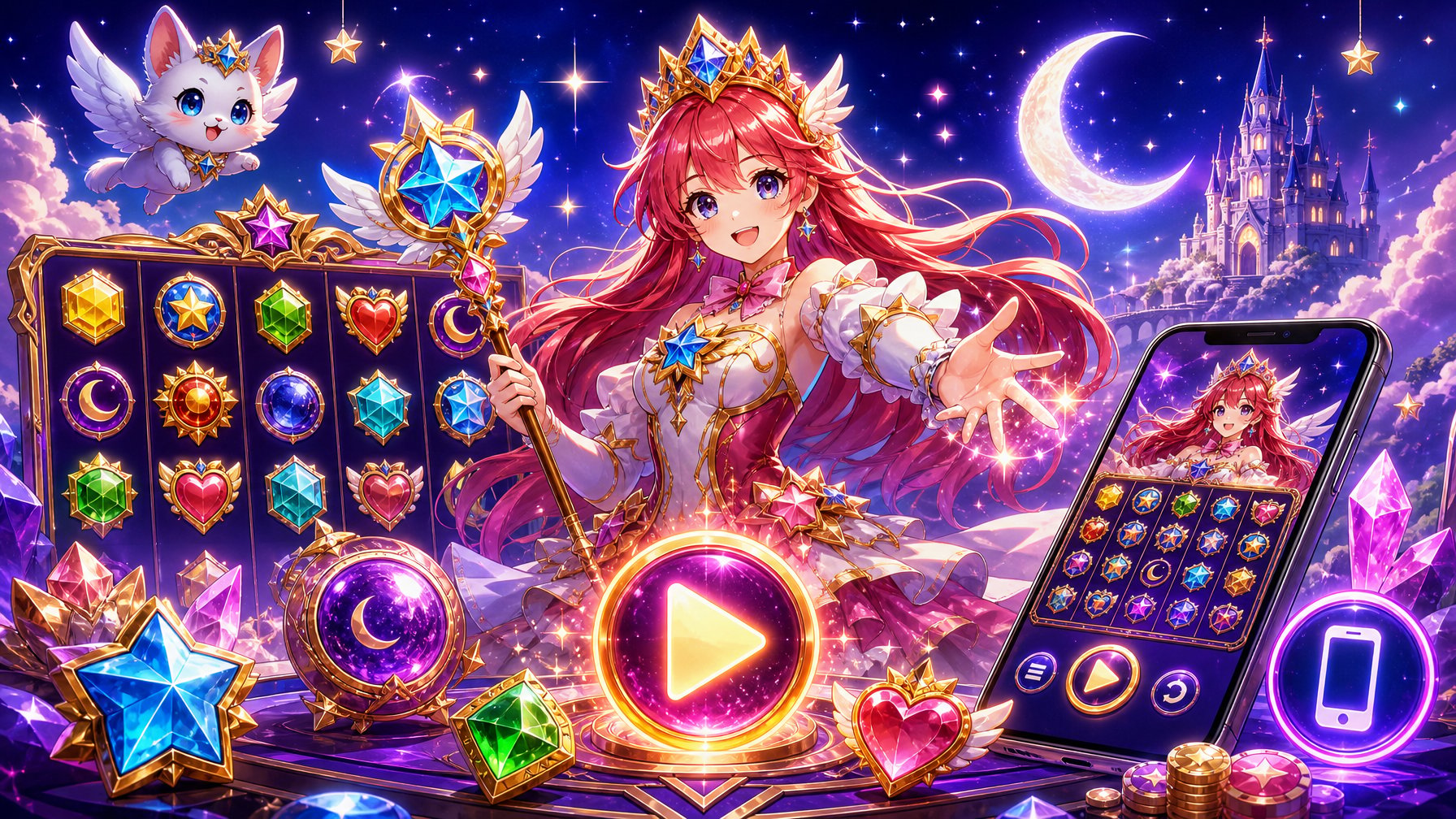 A Magical Princess Surrounded By Glowing Stars And Slot Game Symbols In A Celestial Landscape With A Play Button And A Mobile Device Showing A Slot Game.