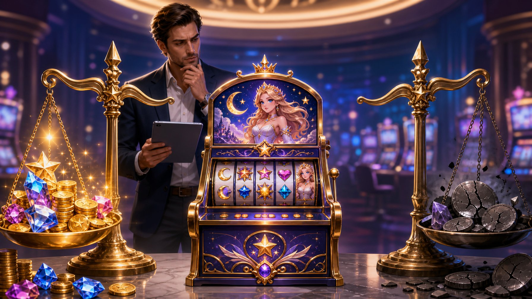 An Elegant Slot Machine With Celestial Decorations Balanced Between Shining Coins On One Side And Cracked Coins On The Other, With A Person Reviewing The Balance In A Final Assessment Setting.
