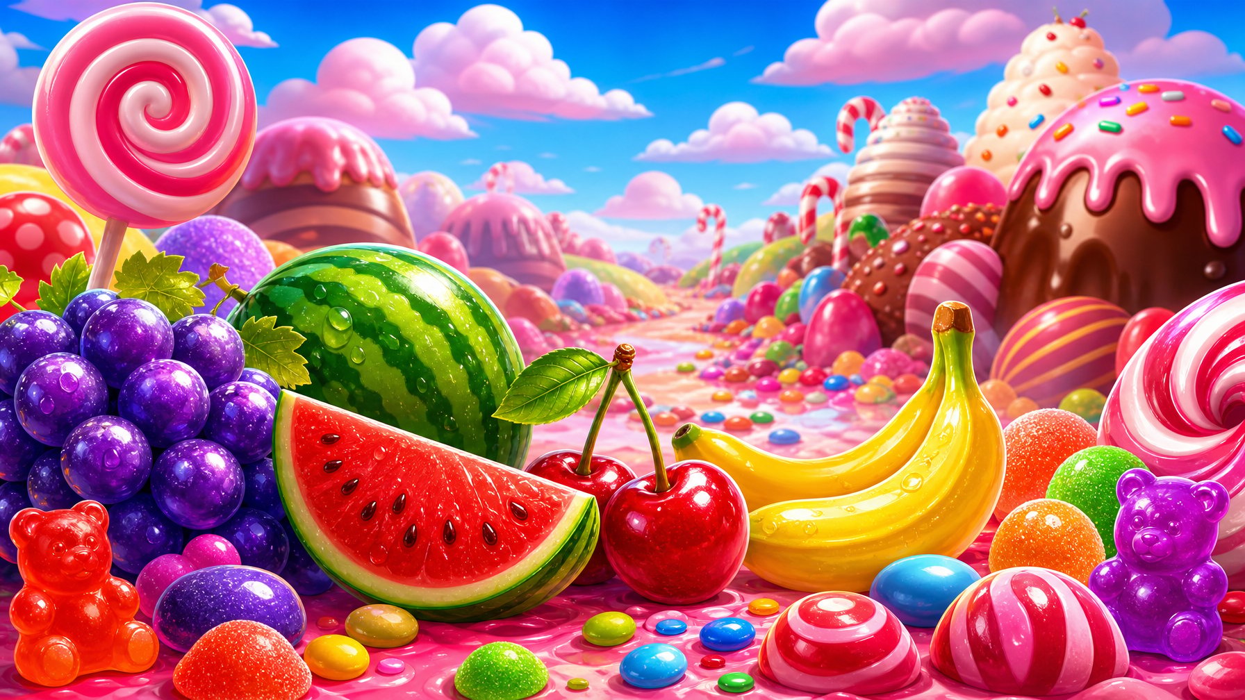 A Colorful Candy Landscape With Large Fruits And Sweets Under A Bright Sky.