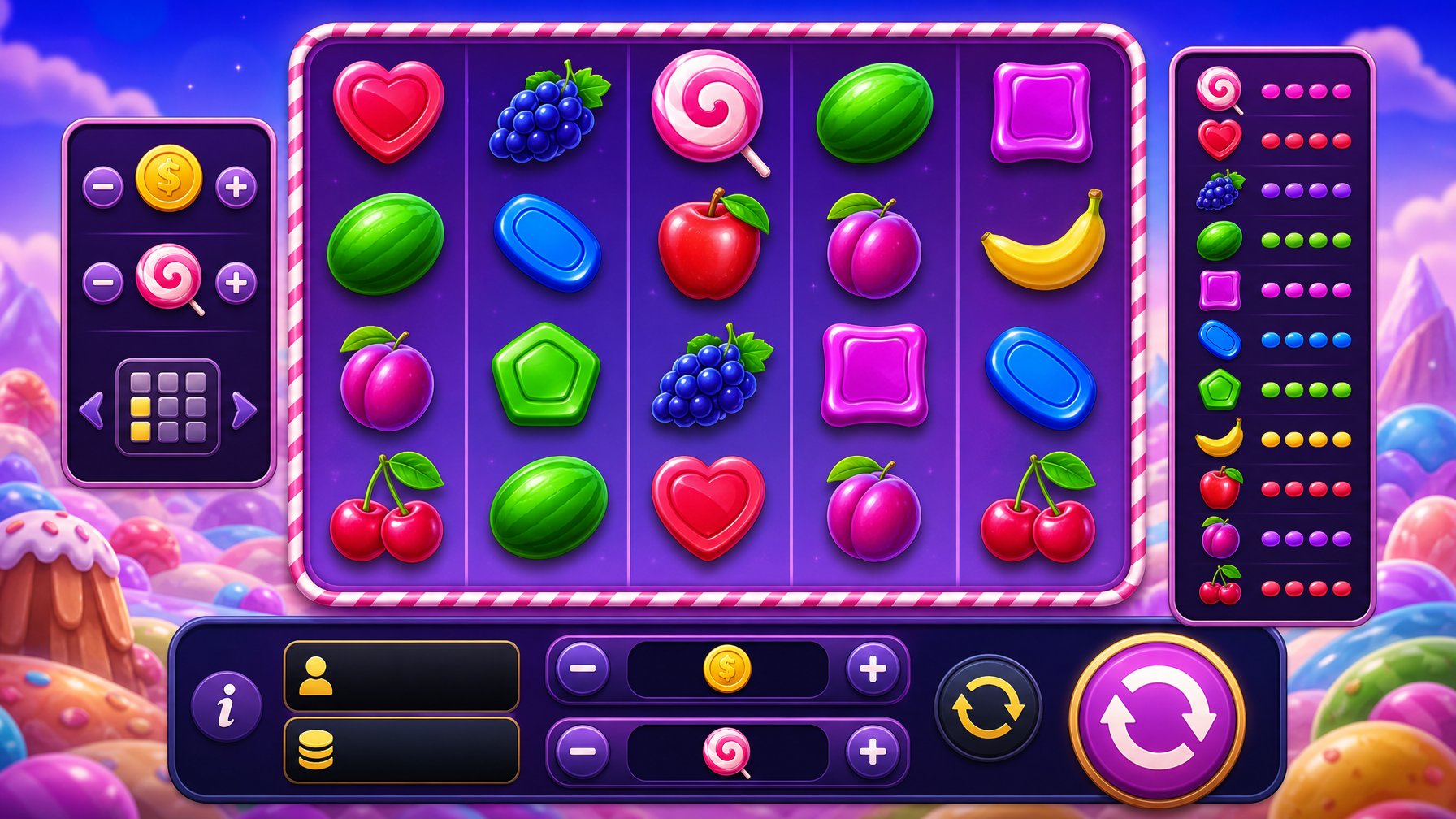 A Colorful Slot Machine With Fruit And Candy Symbols, Showing Reels Spinning And Betting Options Around It.