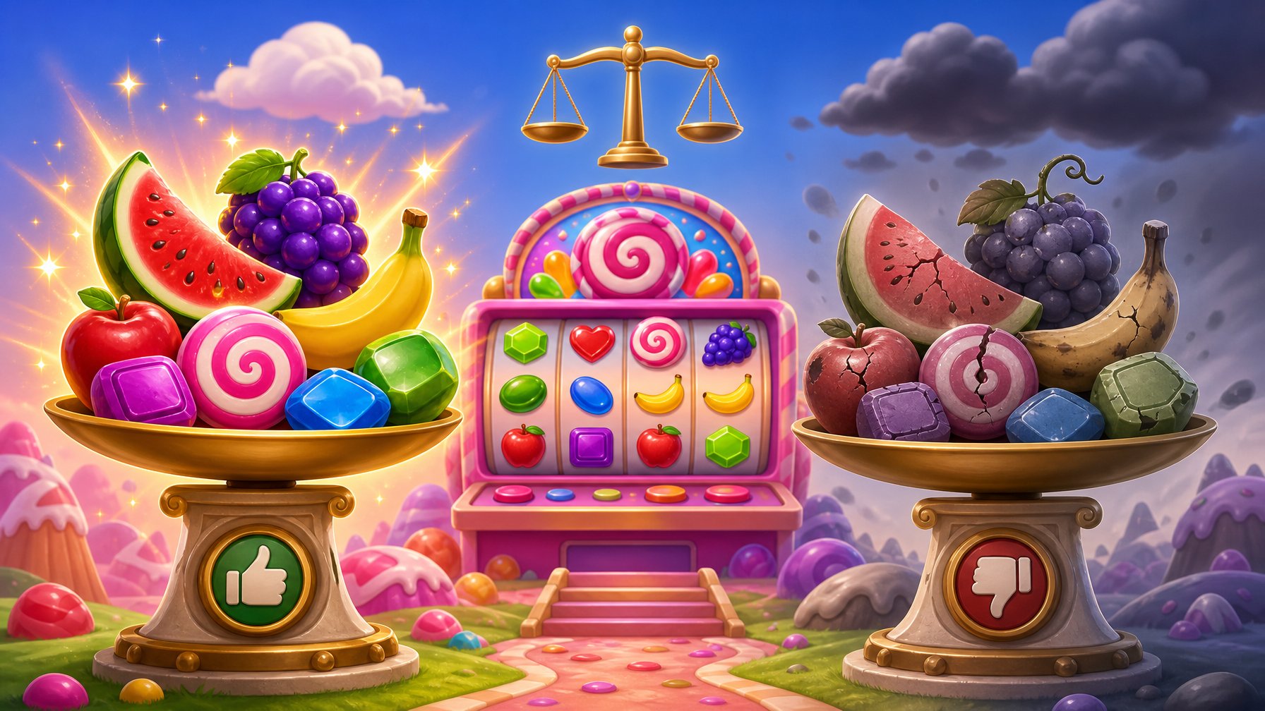 An Illustration Showing Two Sides Comparing The Positive And Negative Aspects Of The Sweet Bonanza Slot Game, With Colorful Fruit And Candy Symbols On One Side And Faded Versions On The Other, Alongside A Slot Machine In The Background.