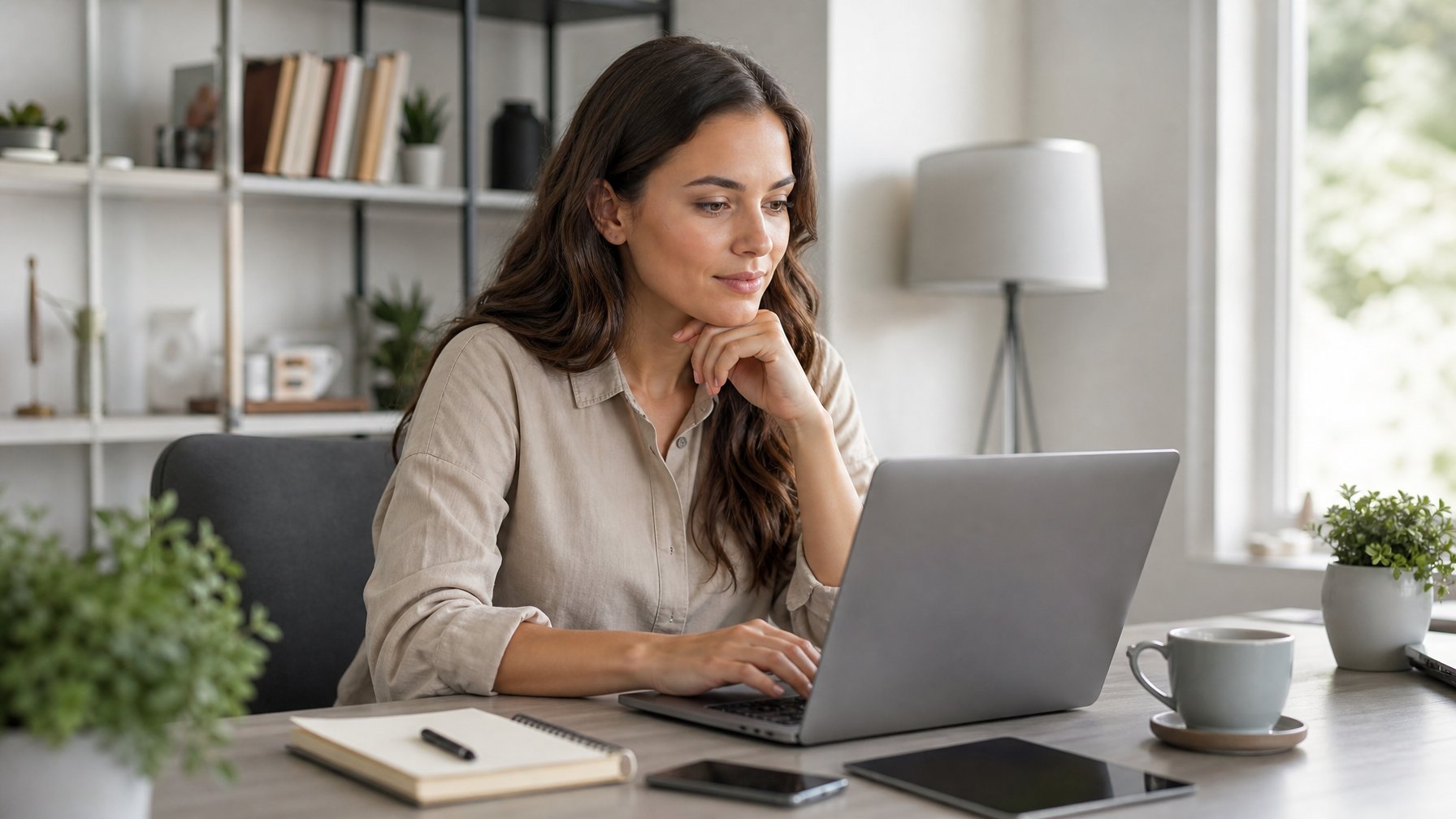 Seorang wanita muda duduk di meja kerja dengan laptop, terlihat fokus dan tenang saat melakukan riset online di ruang kerja yang terang dan rapi.